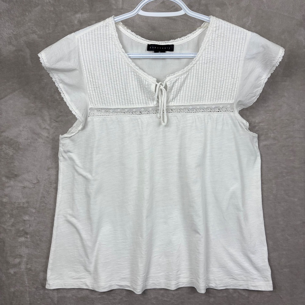 Sanctuary Top Womens XL White Pintuck Lace Flutter Sleeve Cottage Boho Summer
